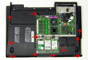 Remove the (11) 2.5mm x 5mm screws on the bottom of the laptop. 