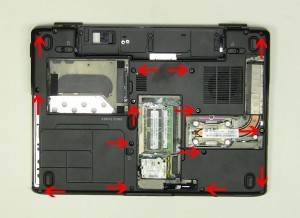 Remove the (13) 2.5mm x 8mm bottom base screws. 