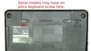 Dell has given notice that some of the models will not use keyboard screws, some will have only 1, and some will have 2. The other optional screw location is above the name plate on the bottom of the laptop. 