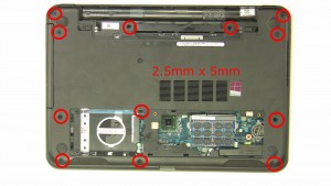 Remove the 12 - M2.5 x 5mm bottom base palmrest screws.