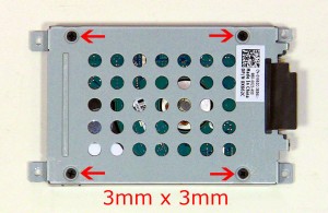 Lift the hard drive out of the laptop and remove the hard drive caddy screws (4 x M3 x 3mm).