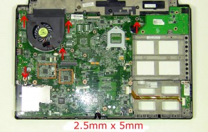 Remove the motherboard screws (5 x M2.5 x 5mm).