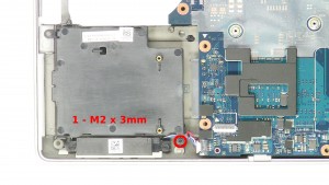 Remove the 1 - M2 x 3mm hard drive support plate screw.