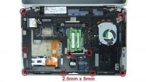 Remove bottom palmrest screws (9 x M2.5 x 5mm) (1 x 