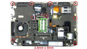 Remove bottom palmrest screws (9 x M2.5 x 5mm) (2 x 