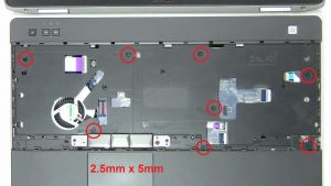 Remove upper palmrest screws (8 x M2.5 x 5mm).