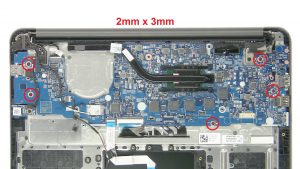Unscrew and remove motherboard (5 x M2 x 3mm).