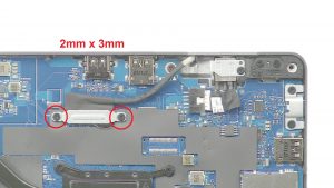 Unscrew then remove bracket and display cable (2 x M2 x 3mm).
