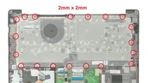 Unscrew and remove keyboard assembly from palmrest (19 x M2 x 2mm).