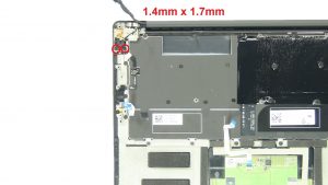 Unscrew and disconnect Power Button (1 X 1.6mm x 1.5mm) (1 X 1.4mm x 1.7mm).