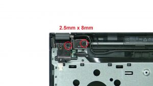 Unscrew and lift left hinge (2 x M2.5 x 8mm)(1 x 