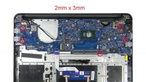 Unscrew and disconnect Motherboard (5 x M2 x 3mm).