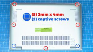 Remove the bottom base cover screws (5 x M2 x 4mm) (2 x captive screws).