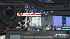 Unscrew and remove the wireless card support bracket (1 x M2 x 3mm).