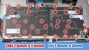 Unscrew and remove the Keyboard (36 x 1.6mm x 1.5mm) (4 x 1.6mm x 2mm).