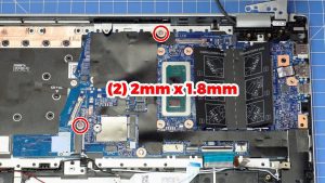 Unscrew and remove the Motherboard (2 x M2 x 4mm) (2 x 2mm x 1.8mm).