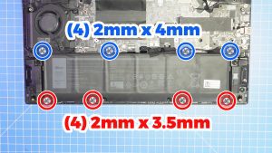 Unscrew and remove the Battery (4 x M2 x 4mm) (4 X 2mm x 3.5mm).