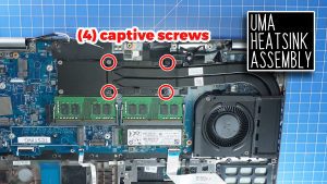 NOTE: If your model has Discrete Graphics there will be 6 captive screws and if your model has UMA Graphics there will be 4 captive screws.