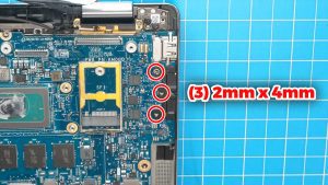 Unscrew and remove the Motherboard (2 x 2mm x 2.5mm) (3 x M2 x 4mm).