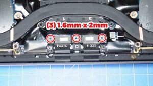 Unscrew and remove the bracket and disconnect the display cable (3 x 1.6mm x 2mm) (3 x M1.6 x 2.5mm).