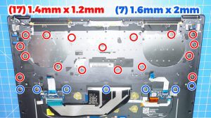 Unscrew and remove the Keyboard (17 x 1.4mm x 1.2mm) (7 x 1.6mm x 2mm).