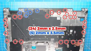 Unscrew and remove the Keyboard Assembly (24 x 2mm x 2.5mm) (5 x 2mm x 3.5mm).