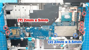 Unscrew and then turn over the Motherboard (7 x M2 x 5mm) (2 x 2mm x 3.5mm).