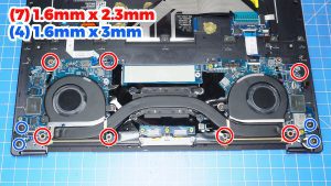 Unscrew and remove the Motherboard  (7 x 1.6mm x 2.3mm) (4 x 1.6mm x 3mm).