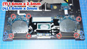 Unscrew and remove the Motherboard  (7 x 1.6mm x 2.3mm) (4 x 1.6mm x 3mm).
