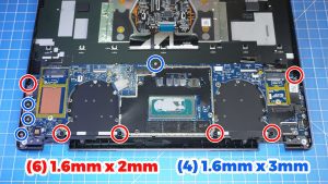 Unscrew and remove the Motherboard (6 x 1.6mm x 2mm) (4 x 1.6mm x 3mm).