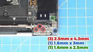 Unscrew and lift the right LCD hinge (3 x 2.5mm x 4.3mm) (1 x 1.6mm x 3mm) (1 x M1.6 x 2.5mm).