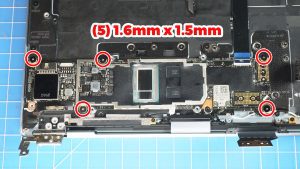 Unscrew and remove the Motherboard (5 x 1.6mm x 1.5mm).